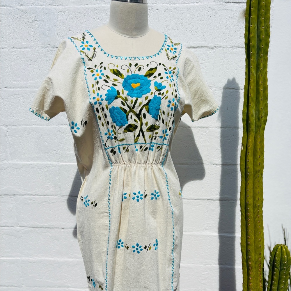Mexican Boho Embroidered Cream Dress with Blue Floral Design